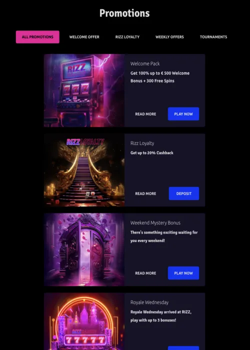 Promotions récompenses exclusives style Rizz Casino