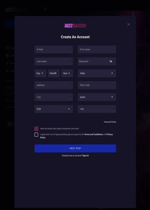 Création profil joueur instantané Rizz Casino